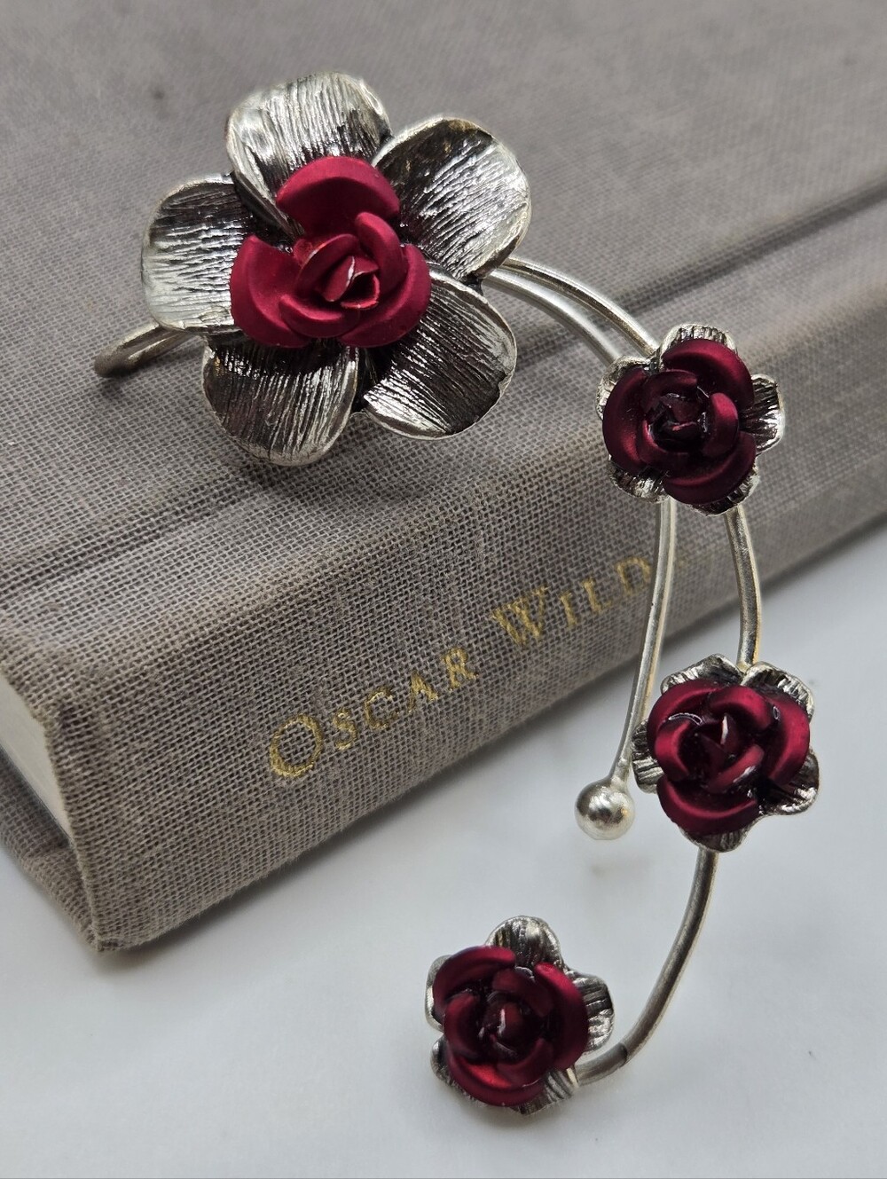 SINGLE plumeria rose elf ear cuffs Non Pierced Fantasy Medieval style silvertone